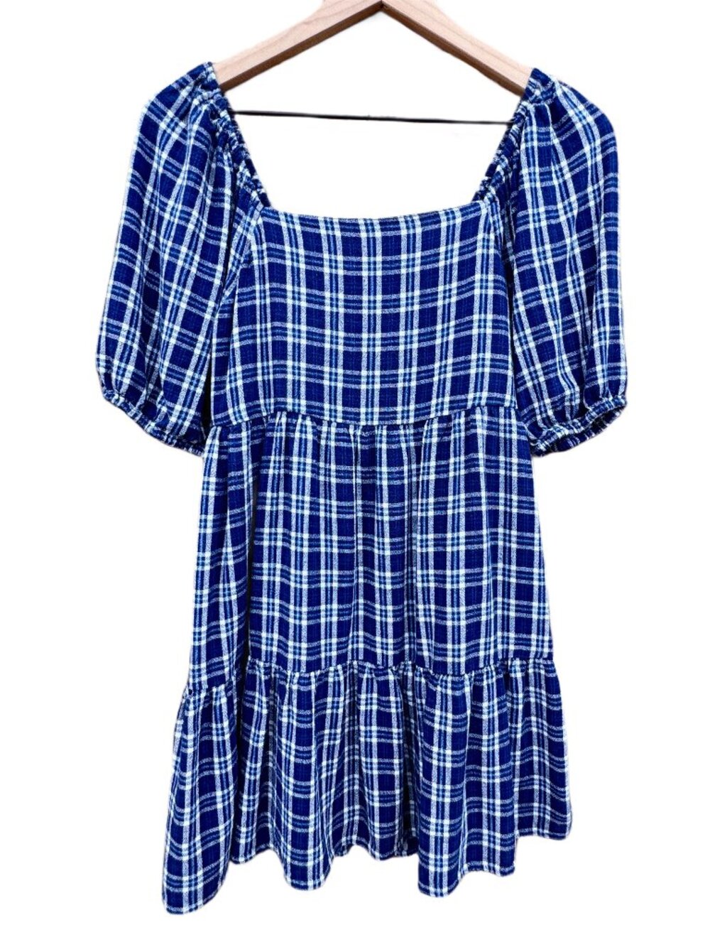 American Eagle Tiered Babydoll Mini Dress Small Navy White Plaid Puff Sleeve